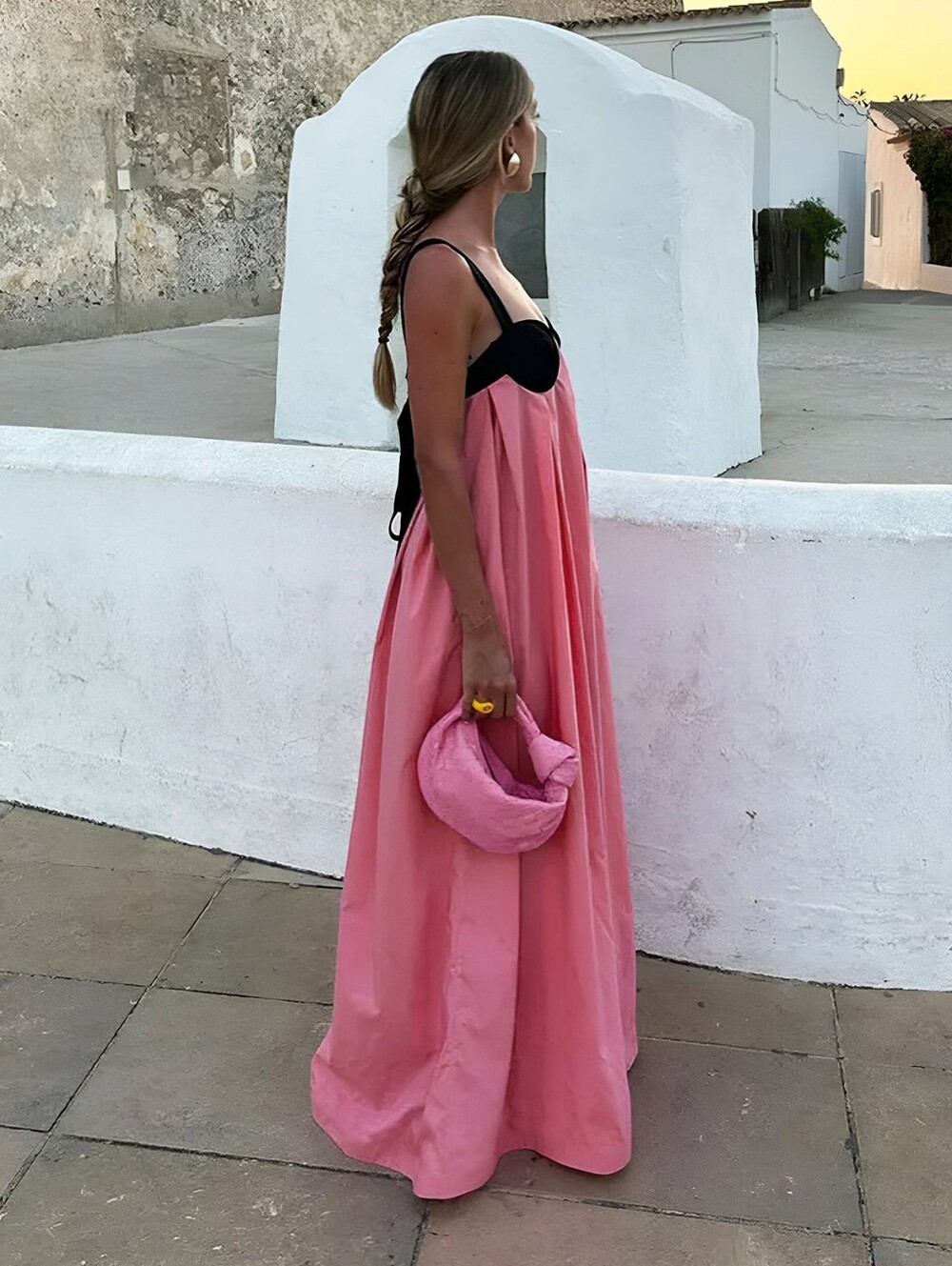 Pink Maxi Dress with Black Split Bust and Straps - Picture 3 of 3